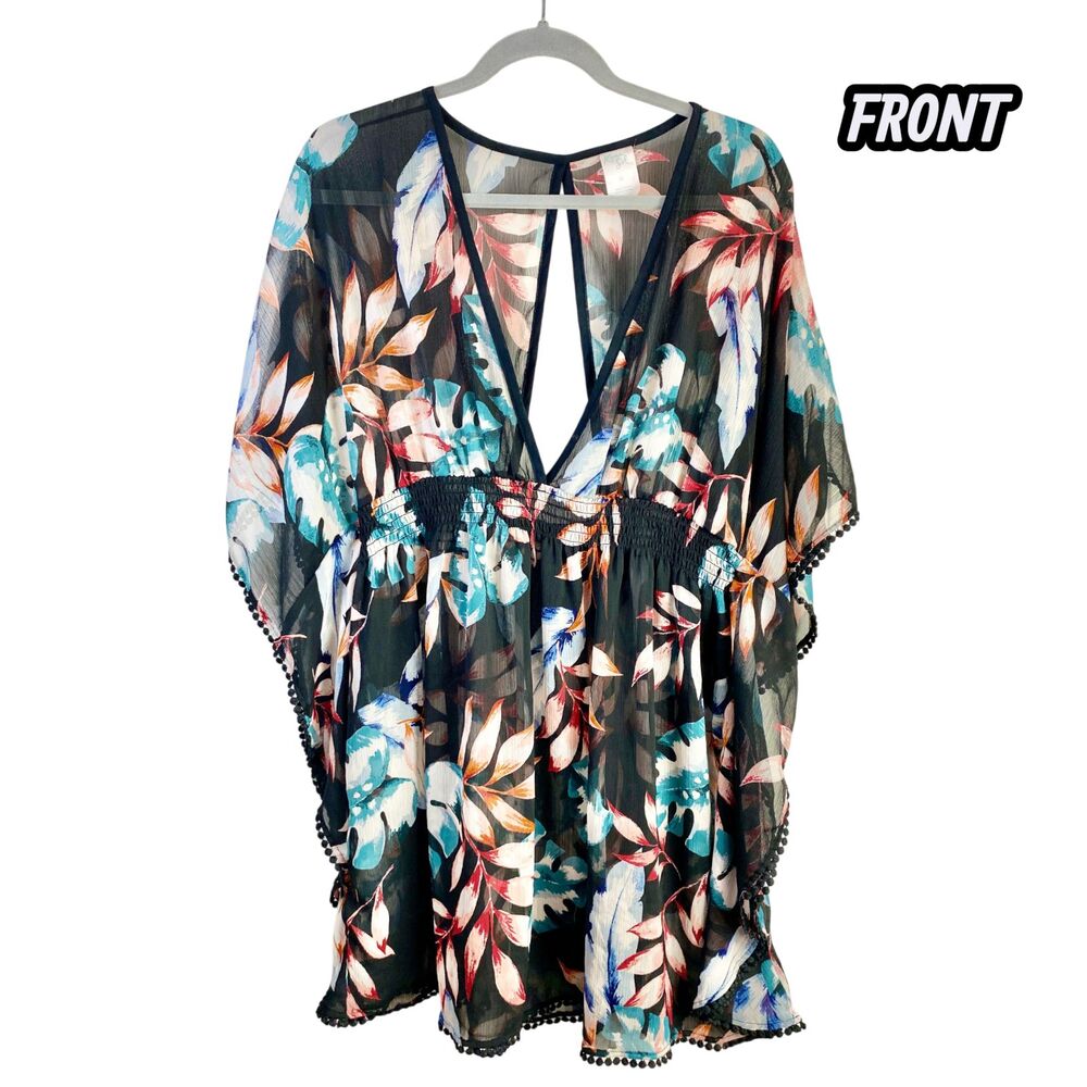 Kona Sol Swim Cover Up XL Sheer Tropical Floral Deep V Neck Keyhole Pom Pom Hem